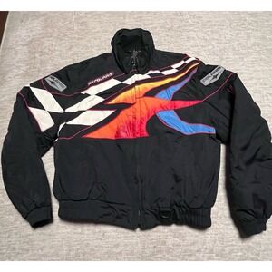 Vintage Polaris Snowmobile Jacket Large Black Red‎ Blue Racing Checkered Graphic